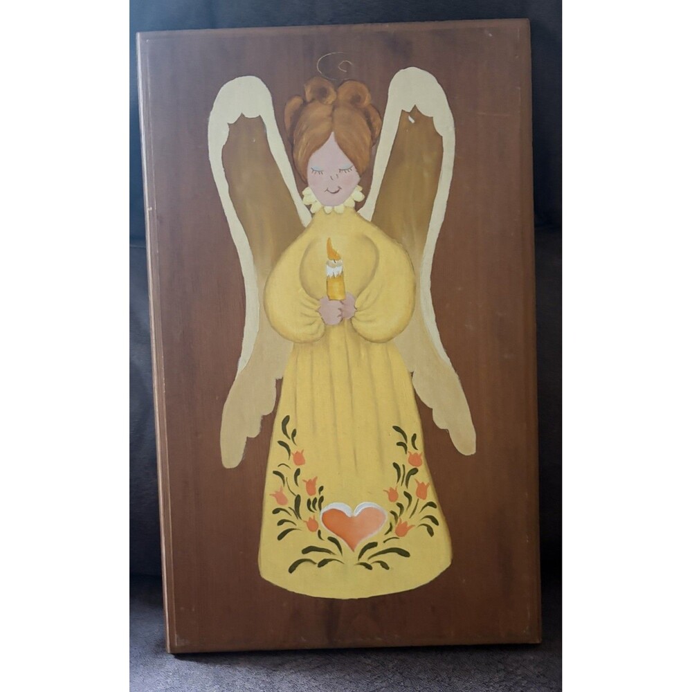 Vtg. Folk Art Angel Hand painted Wood Block Mystic Farmhouse Folk Art Granny